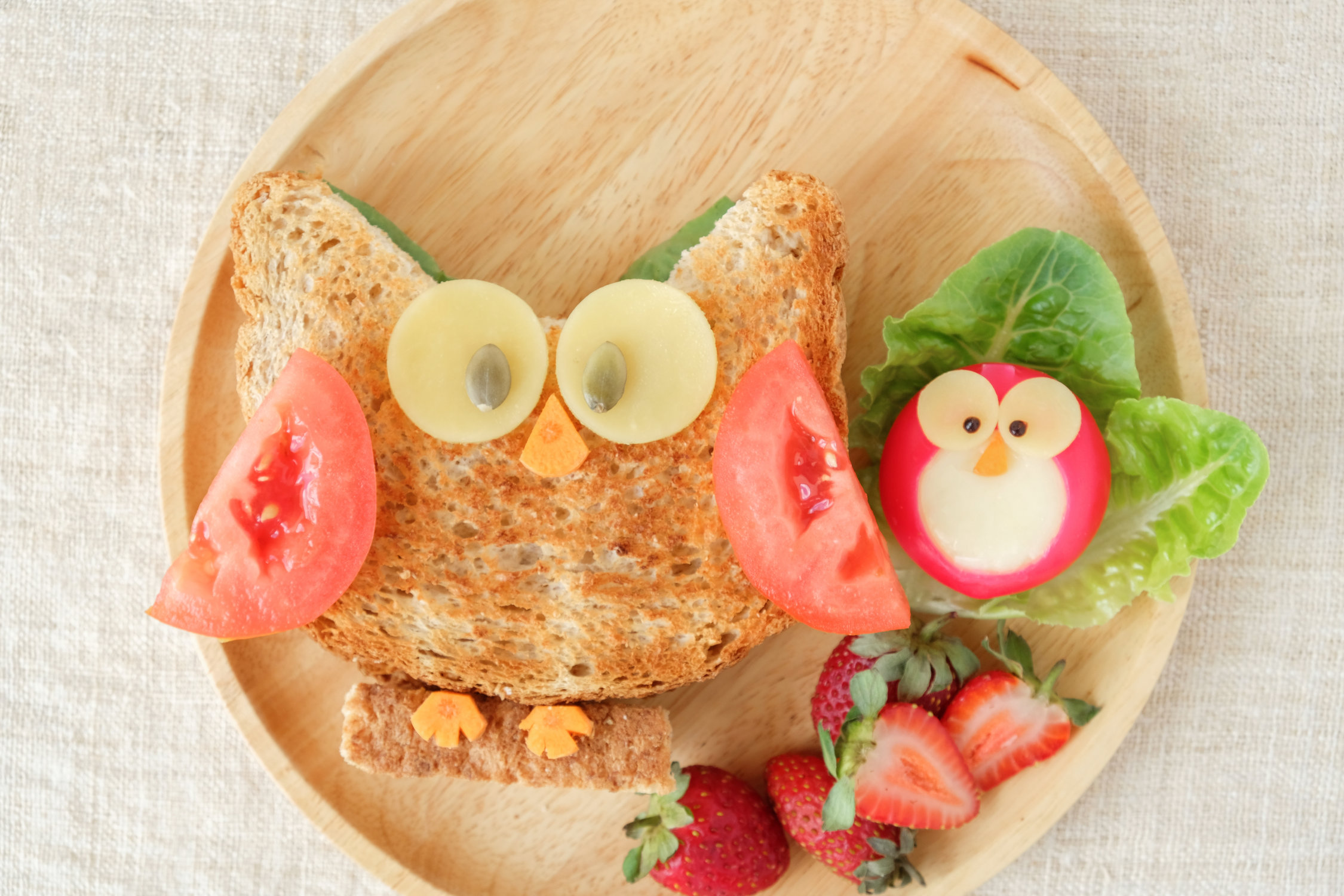 Red Owl lunch plate, fun food art for kids